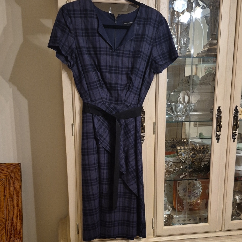 Banana Republic Navy Plaid Midi Dress with Belt